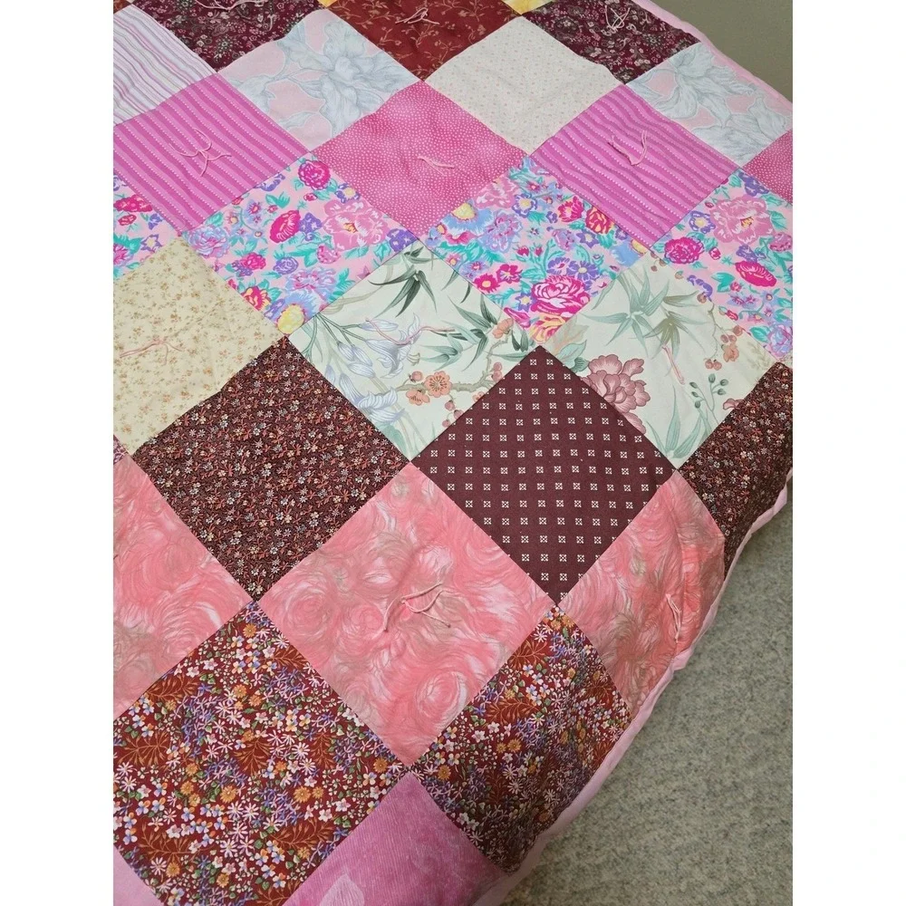 New Handmade Patchwork Quilt Pink Floral Butterflies Queen Bedding Cover /0190‎